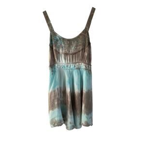 L.S.I. embroidered beaded babydoll tank top brown blue tie dye smocked Small